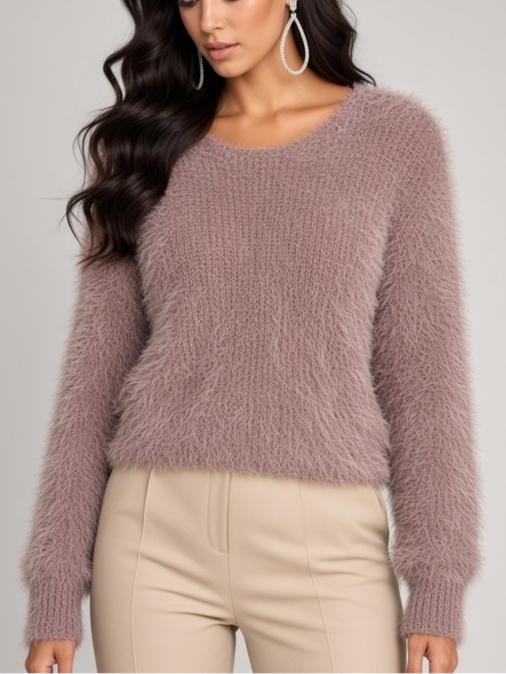 Freshman Fuzzy V-Neck Sweater in Dusty Mauve